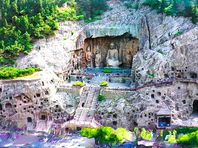 Garden Landscape Featuring Ancient Stone Buddha Statues Cliffside Grottoes And Lush Greenery 3d model
