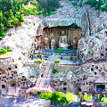 Garden Landscape Featuring Ancient Stone Buddha Statues Cliffside Grottoes And Lush Greenery