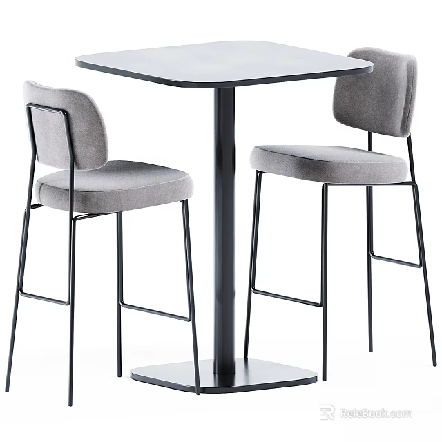 Modern Square Table and Chair Set with Gray Upholstered Seats and Black Metal Legs 3d model 