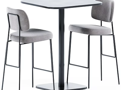 Modern Square Table and Chair Set with Gray Upholstered Seats and Black Metal Legs 3d model