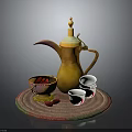 Household Tea Set With Yellow Teapot Small Bowl Red Fruits White Cups And Woven Mat
