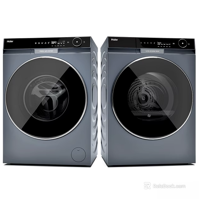 Two Haier Front Loading Washing Machines With Modern Design Gray Finish And Control Panel 3d model 