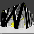 Modern Exhibition Space With Yellow Pendant Lights Chairs And Logo On White Walls