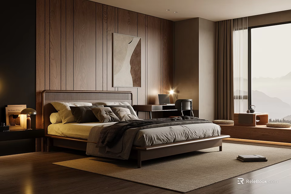 Modern Bedroom Interior Design With Wooden Wall Panels Large Bed And Decorative Painting 3d model 