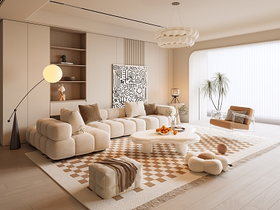 Cream Home Living Room Cream Style Sofa Coffee Table Group Cream Multi-Person Sofa Cream Style Carpet Dream Curtain Single Chair model