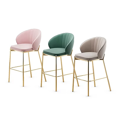 Modern Stylish Bar Stools With Curved Back In Pink Green Gray And Gold Metal Legs 3d model