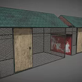 Two Dog Kennels With Green Roofs Wire Mesh Wooden Doors And Red Sides