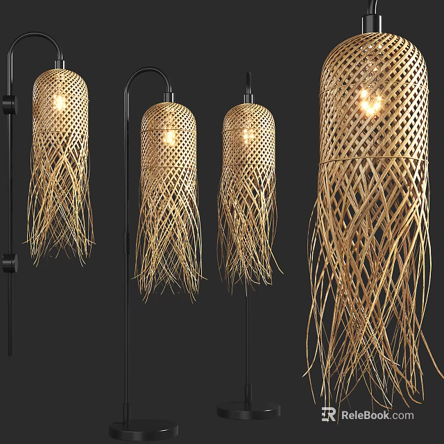 Modern Woven Floor Lamp With Tassel Fringe Natural Material And Warm Illumination 3d model 