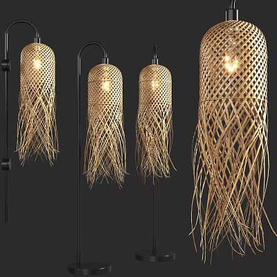 Modern Woven Floor Lamp With Tassel Fringe Natural Material And Warm Illumination 3d model