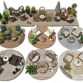 Various Styles of Wicker Table and Chair Sets with Green Plants on Wooden Flooring