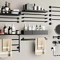 Stylish Bathroom Accessories With Black Shelves Towel Racks Toiletry Bottles And Round Mirror