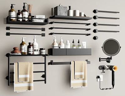 Stylish Bathroom Accessories With Black Shelves Towel Racks Toiletry Bottles And Round Mirror 3d model