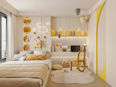 Modern Kids Room Interior With Bed Pillows Study Desk Yellow Chair And Decorative Lights 3d model