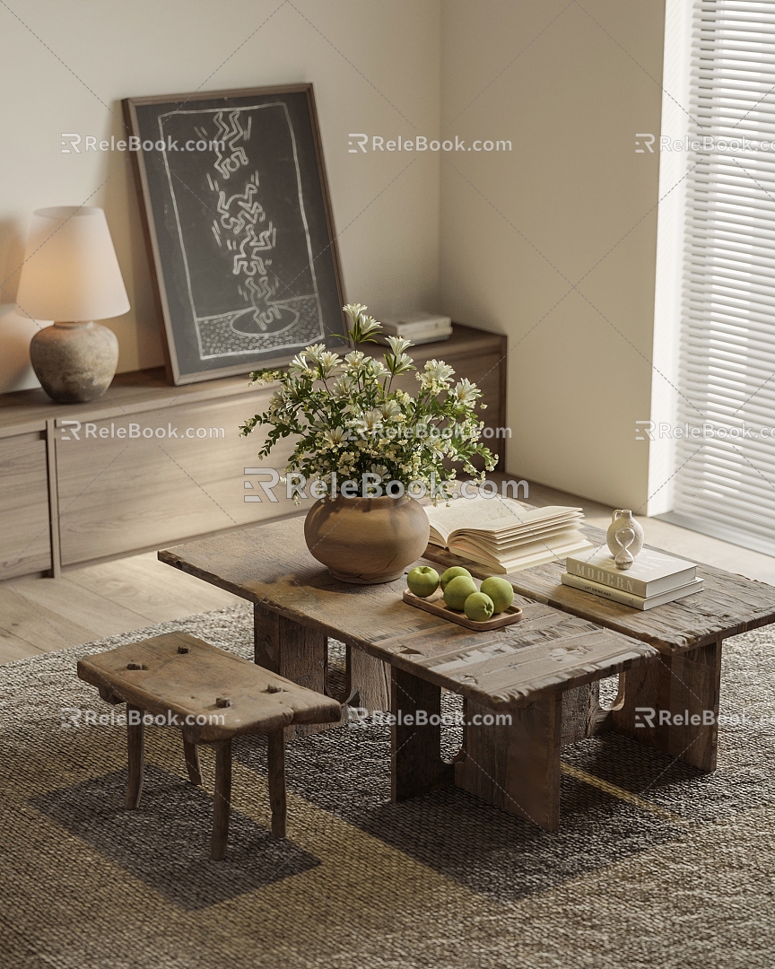 The combination of old wooden table and stool 3d model