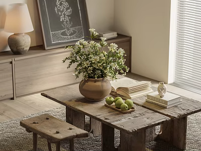 Rustic Wooden Tea Table and Chairs Featuring Vase Flowers Books and Green Fruits 3d model