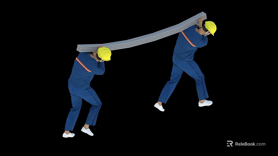 Two Workers Carrying Long Object In Blue Workwear And Yellow Hard Hats 3d model 