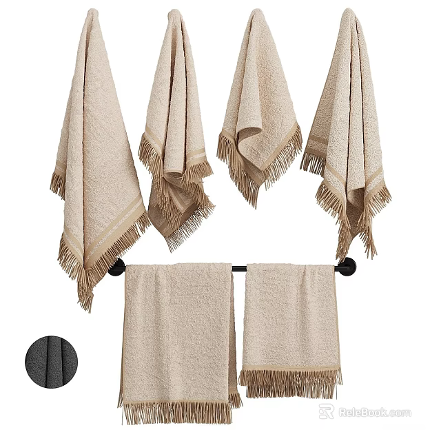 Soft Beige Fringed Towels Hanging On Black Towel Rack Absorbent 3d model 