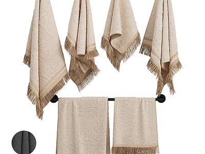 Soft Beige Fringed Towels Hanging On Black Towel Rack Absorbent 3d model