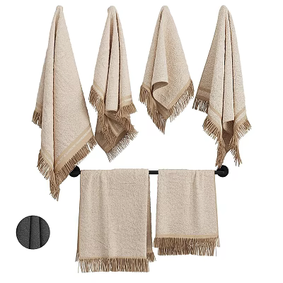 Soft Beige Fringed Towels Hanging On Black Towel Rack Absorbent 3d model