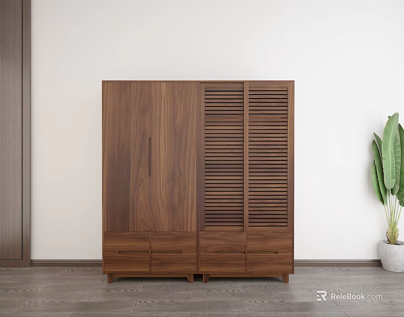 Modern Wooden Walnut Wardrobe with Smooth Panel Doors Louvered Front and Drawers Near Potted Plant 3d model 