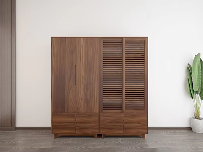 Modern Wooden Walnut Wardrobe with Smooth Panel Doors Louvered Front and Drawers Near Potted Plant 3d model