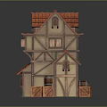 Two Story Traditional Wooden House Exterior with Red Roof and Wooden Barrel Crate