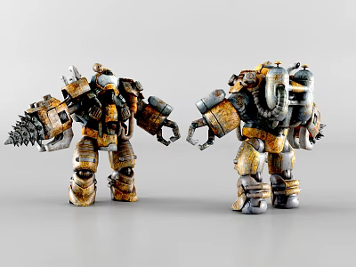 Intelligent Machines With Yellow Gray Worn Exterior And Mechanical Arms Standing 3d model