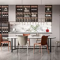 Modern Restaurant Interior Design With Dining Table Chairs Wine Racks And Pendant Lights