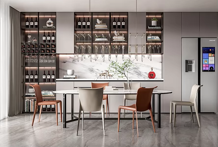 Modern Restaurant Dining Table and Chair Chandelier Wine Cabinet Sideboard Refrigerator Leather Dining Chair Ornaments Combination 3d model