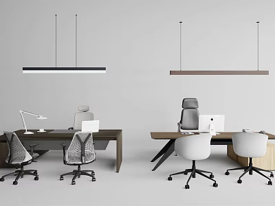 Stylish Office Desks Setup With Ergonomic Chairs Computers And Hanging Pendant Lights 3d model