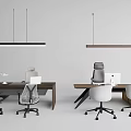 Stylish Office Desks Setup With Ergonomic Chairs Computers And Hanging Pendant Lights 3d model