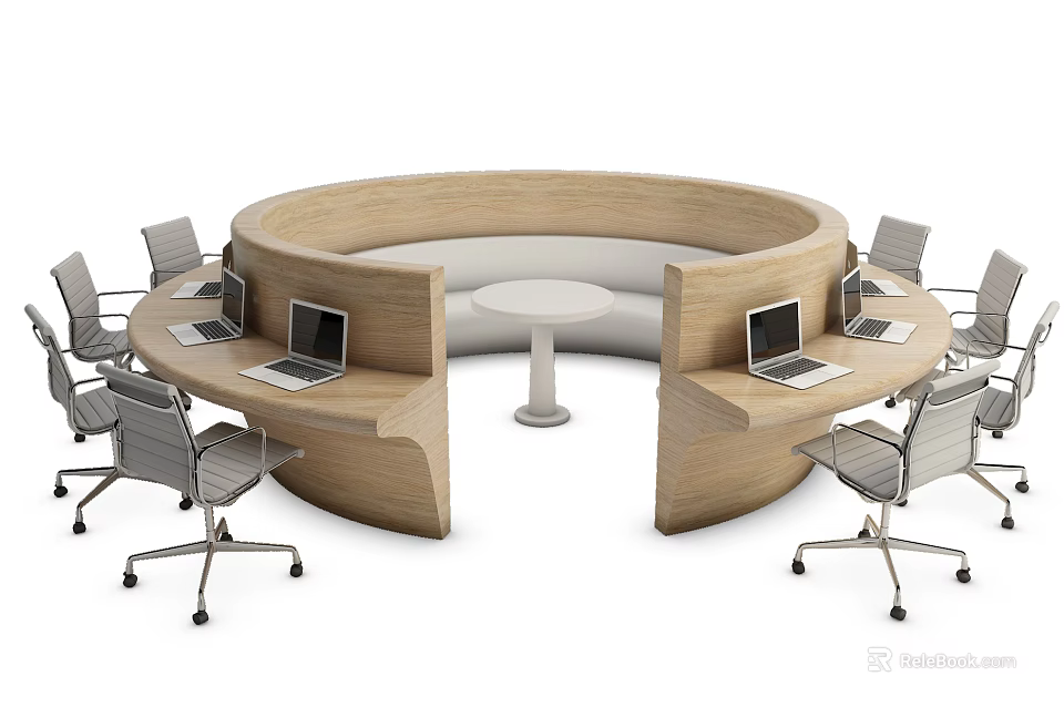 Circular Wooden Office Desk With Multiple Workstations Laptops And Ergonomic Chairs 3d model 