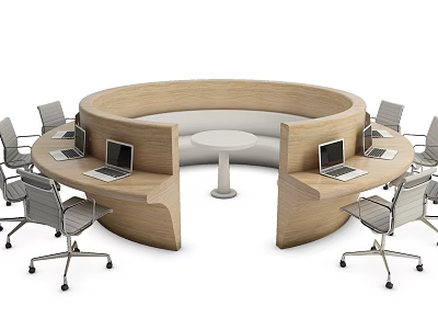 Circular Wooden Office Desk With Multiple Workstations Laptops And Ergonomic Chairs 3d model
