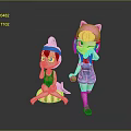 Cute Game and Movie Characters with White Hair Blue Swimsuit Pink Cat Ears Blue Shorts