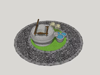 Rustic Countryside Landscape With Stone Well Wooden Frame Blue Buckets And Gravel Ground 3d model