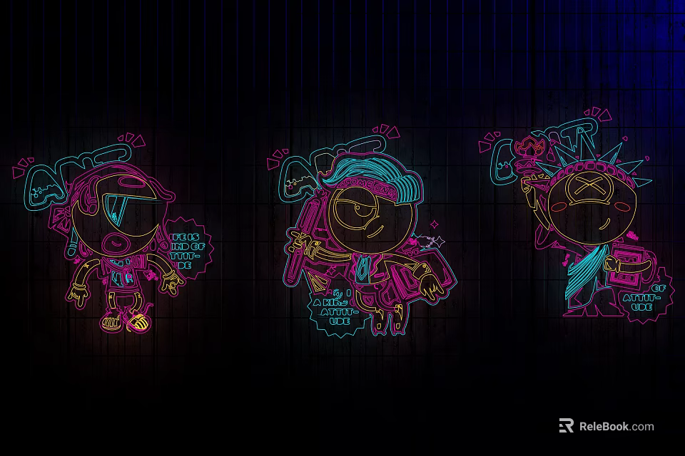 Neon Style Decorative Lights With Pink Blue Green Cartoon Characters On Dark Background 3d model 