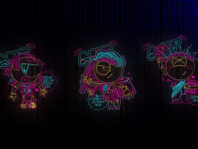 Neon Style Decorative Lights With Pink Blue Green Cartoon Characters On Dark Background 3d model