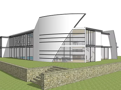 Modern Detached Villa With Large Glass Windows Geometric Design Lawn And Stone Steps 3d model