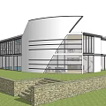 Modern Detached Villa With Large Glass Windows Geometric Design Lawn And Stone Steps