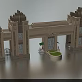 Art Deco Entrance Gate With Symmetrical Pillars Carved Details And Green Lawn Area