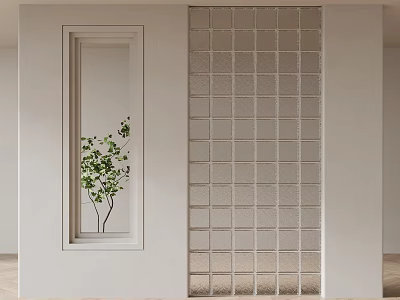 Modern Interior Space With Frosted Glass Brick Partition And White Frame Green Plant 3d model