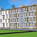 Modern Hotel Building Exterior With Multiple Windows Balconies And Water Features