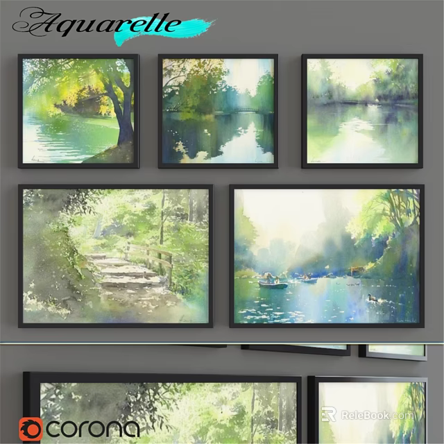 Wall Mounted Picture Frames Displaying Scenic Landscapes With Rivers Trees And Boats 3d model 