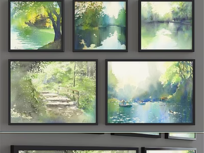 Wall Mounted Picture Frames Displaying Scenic Landscapes With Rivers Trees And Boats 3d model