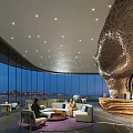 Modern Coffee Cafe With Large Windows Night View Cozy Seating Wooden Bar And Stone Wall
