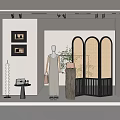 Minimalist Clothing Store Display with Mannequin Dress Handbag Arched Screen and Decorative Paintings