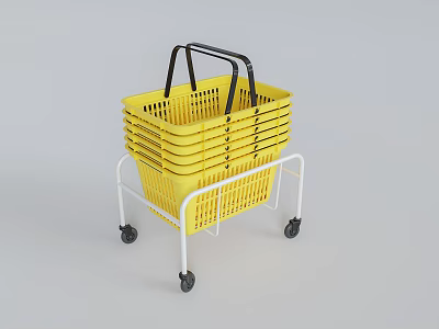 Yellow Household Shopping Cart With Stackable Baskets White Frame And Black Wheels 3d model