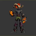 Horned Character Creature With Red Hair Flaming Hands And Mechanical Boots