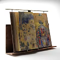 Open Ancient Manuscript With Colorful Historical Illustrations And Worn Pages On Display Stand