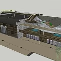 Modern Museum Building Architecture With Wooden Facade Glass Windows and Stone Wall